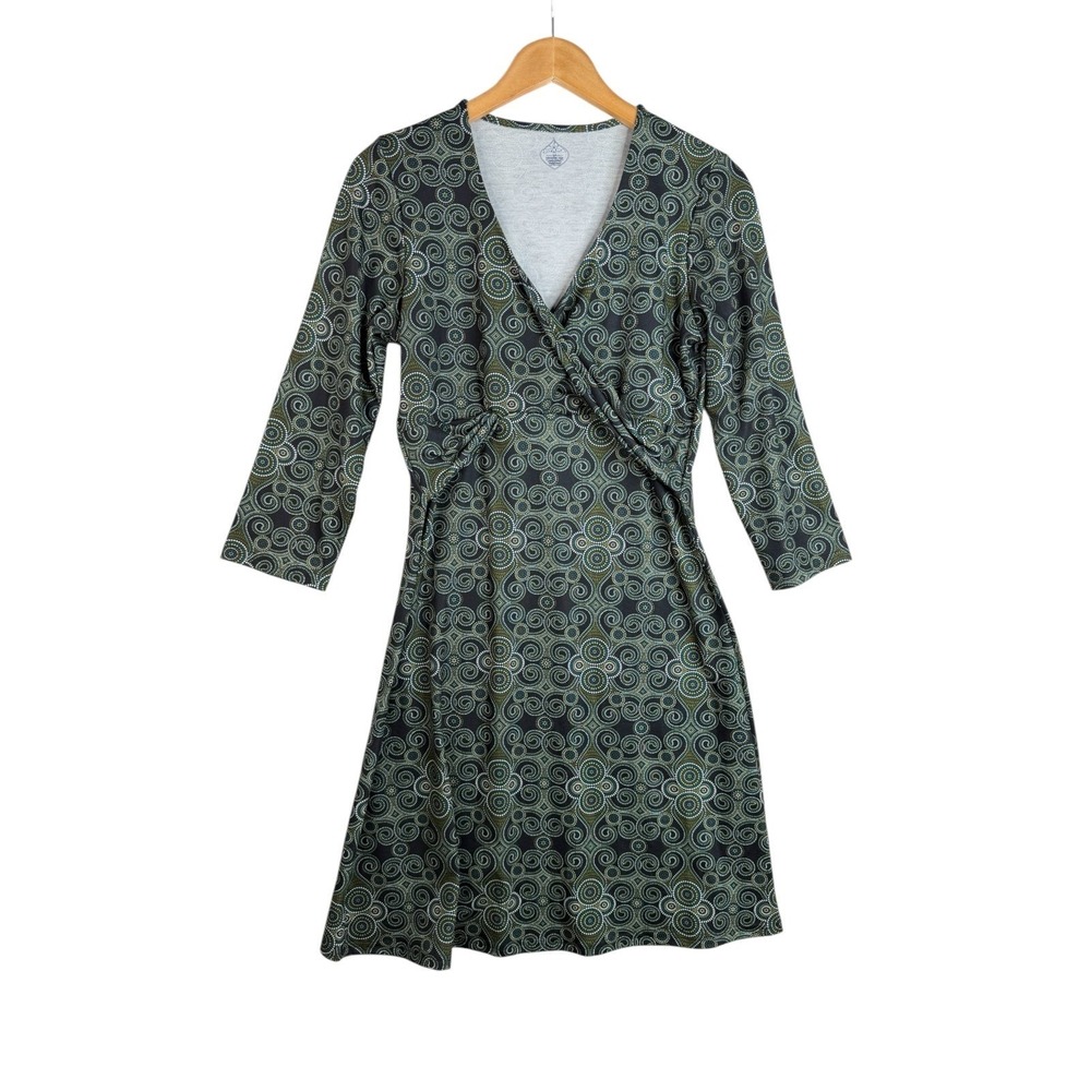 Prana Faux Wrap V-neck Geometric Print Dress size Medium Green‎